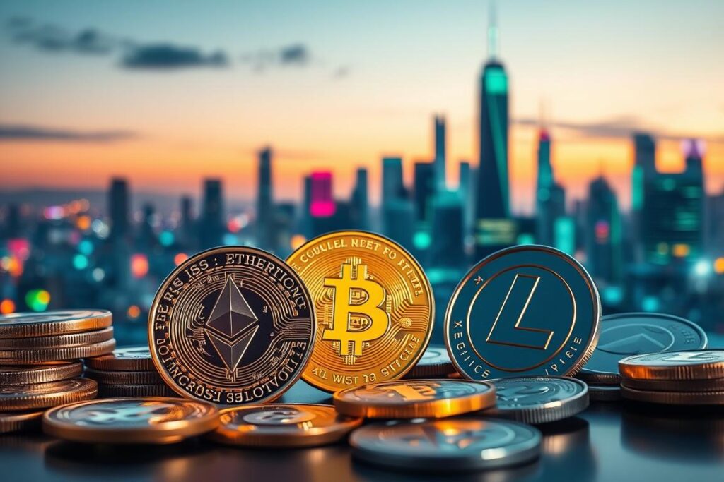 A visually engaging and informative representation of various cryptocurrencies, focusing on Bitcoin, Ethereum, and Litecoin as prominent icons. In the foreground, show distinct and stylized coins with intricate designs, gleaming under a soft spotlight to highlight their features. In the middle ground, depict a digital interface with fluctuating charts and data trends, suggesting a dynamic market environment. In the background, a tech-inspired city skyline at dusk, illuminated by vibrant neon colors, evokes a futuristic atmosphere. The scene should have a clean, professional look, with balanced lighting to create depth and interest. Aim for a mood that conveys innovation and excitement about the world of digital currencies. A visually engaging and informative representation of various cryptocurrencies, focusing on Bitcoin, Ethereum, and Litecoin as prominent icons. In the foreground, show distinct and stylized coins with intricate designs, gleaming under a soft spotlight to highlight their features. In the middle ground, depict a digital interface with fluctuating charts and data trends, suggesting a dynamic market environment. In the background, a tech-inspired city skyline at dusk, illuminated by vibrant neon colors, evokes a futuristic atmosphere. The scene should have a clean, professional look, with balanced lighting to create depth and interest. Aim for a mood that conveys innovation and excitement about the world of digital currencies.