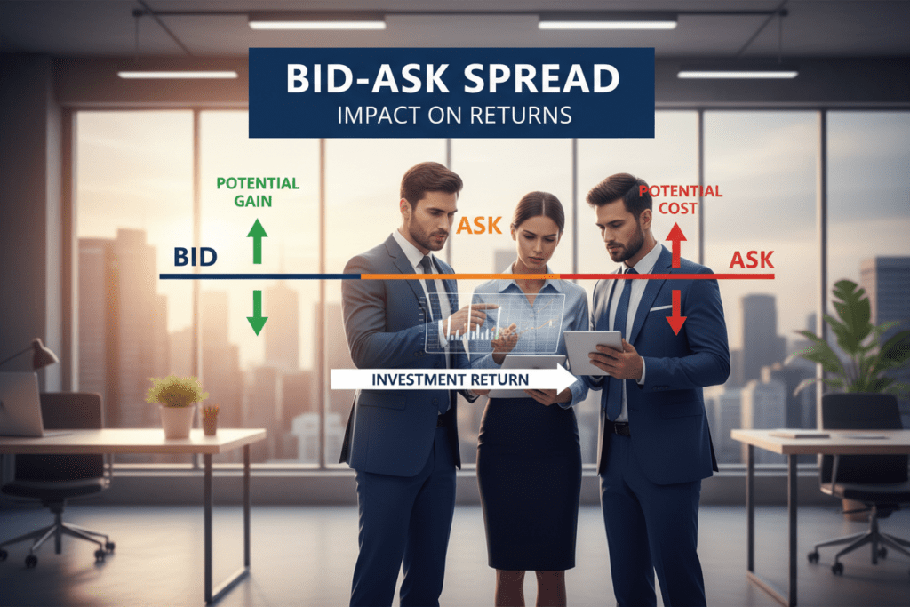 A visually striking and educational illustration depicting the concept of the bid-ask spread influencing investment returns. In the foreground, a clear, stylized chart displaying the bid-ask spread in vibrant colors, with upward and downward arrows indicating its impact on financial performance. In the middle ground, a group of diverse professionals in smart business attire, engaged in a discussion or analyzing financial data on tablets, with concentrated expressions. The background features a modern office setting with large windows, allowing natural light to flood in, creating a professional and inspiring atmosphere. Soft focus on the background enhances the clarity of the chart, emphasizing its significance. The overall mood is informative and analytical, reflecting a serious approach to investment strategies. A visually striking and educational illustration depicting the concept of the bid-ask spread influencing investment returns. In the foreground, a clear, stylized chart displaying the bid-ask spread in vibrant colors, with upward and downward arrows indicating its impact on financial performance. In the middle ground, a group of diverse professionals in smart business attire, engaged in a discussion or analyzing financial data on tablets, with concentrated expressions. The background features a modern office setting with large windows, allowing natural light to flood in, creating a professional and inspiring atmosphere. Soft focus on the background enhances the clarity of the chart, emphasizing its significance. The overall mood is informative and analytical, reflecting a serious approach to investment strategies.