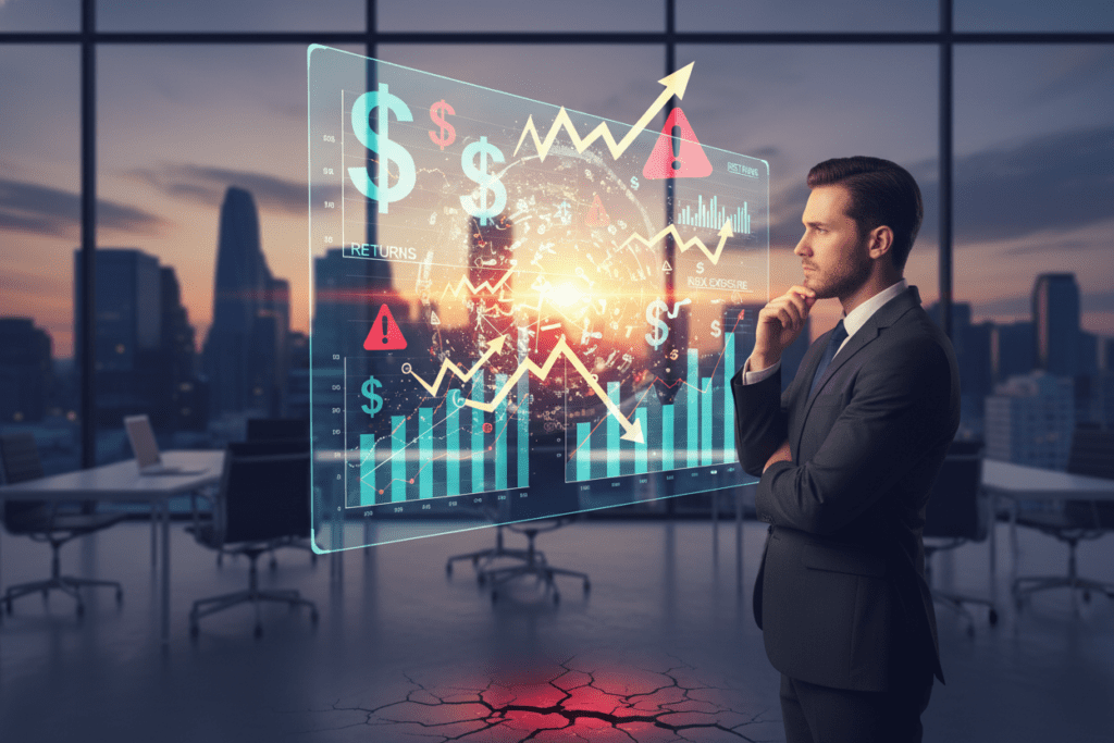 A visually striking illustration representing moral hazard in finance. In the foreground, a professional businessperson, dressed in smart attire, stands thoughtfully in a modern office setting. Their expression reflects concern as they analyze financial graphs and charts displayed on a digital screen. In the middle ground, bright, translucent overlays of abstract financial symbols like dollar signs, upward arrows, and caution signs swirl around, symbolizing risk and opportunities. The background features a city skyline during sunset, casting warm hues of orange and purple light across the scene. The atmosphere conveys a sense of urgency and contemplation, highlighting the complexity of financial decisions and the potential pitfalls of moral hazard. Use soft, diffused lighting to create a professional yet introspective mood.