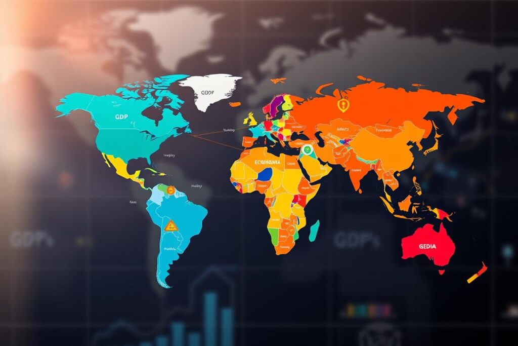 A world map highlighting GDP distribution across different countries in vibrant colors. In the foreground, a detailed infographic-style depiction of major economies, marked with bright icons representing technology, industry, and agriculture. The middle ground features subtle bar graphs and pie charts illustrating GDP figures alongside clear borders for each country. The background should remain softly blurred, focusing on an abstract representation of global trade routes, while maintaining a professional, corporate atmosphere. Use soft, natural lighting to enhance clarity and depth, with a focus on a slightly elevated angle to provide a comprehensive view. The overall mood should convey a sense of innovation and economic growth, appropriate for a financial analysis context.