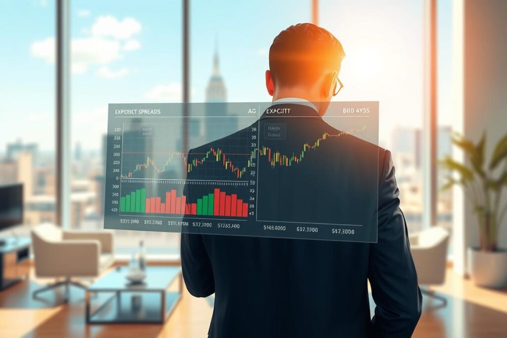 An illustrative concept of "Geld-Brief-Spanne" displayed through a stylized financial analysis scene. In the foreground, a professional businessperson in formal attire studies a digital display with graphs and data representing explicit and implicit bid-ask spreads. The middle layer features a translucent overlay of currency symbols and market ticker tape, highlighting the dynamics of financial trading. The background showcases a modern office environment with sleek furniture and large windows revealing a city skyline under a bright blue sky. Use warm, inviting lighting to create a focused atmosphere, emphasizing clarity and professionalism. The composition should have a slight depth of field effect to bring attention to the subject while blurring the background subtly, creating a sense of importance around the financial metrics being explored.