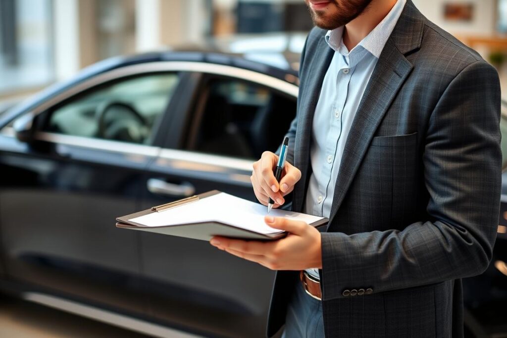 Ein Bild von einem Mann, der vor einem Auto steht und einen Stift hält, während er auf einem Klemmbrett schreibt.