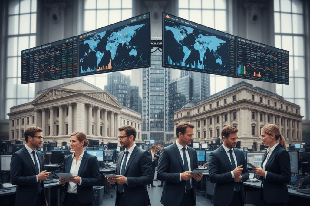 Ein Bild von einem globalen Aktienmarkt mit einem leichten Fokus auf Europa