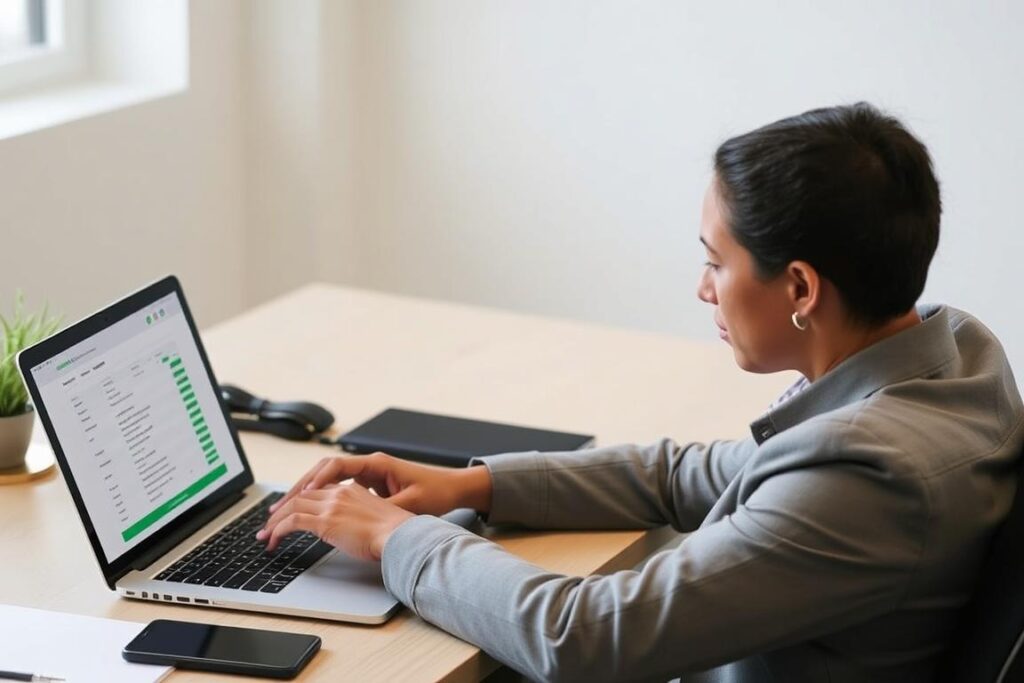 Ein Bild von einer Person, die an einem Schreibtisch sitzt und auf einem Laptop eine Cash-Management-Software benutzt.