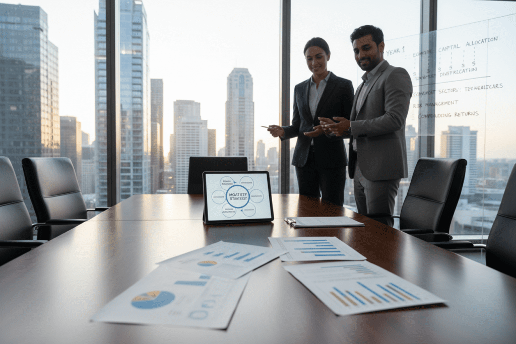 Generiere ein Bild von einem ETF-Sparplan mit Moat-ETFs