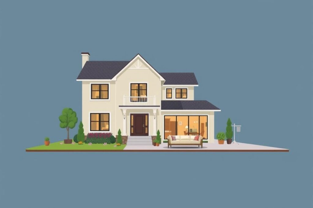 Generiere ein Bild von einer Immobilie, die zum Verkauf steht.